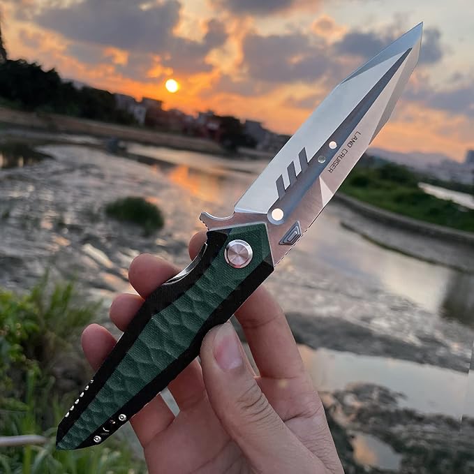 folding pocket knife with 4in d2 tool steel bladeliner lock g10 handleedc camping hunting knives with clip for men and women (green)