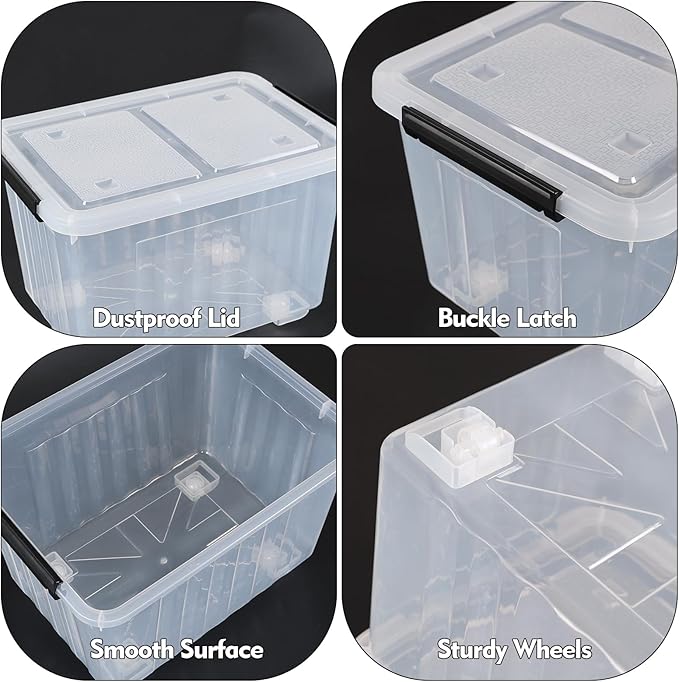 Cand 30 Quart Plastic Storage Boxes with Wheels 4 Pack Latching Lidded Storage Bins Clear
