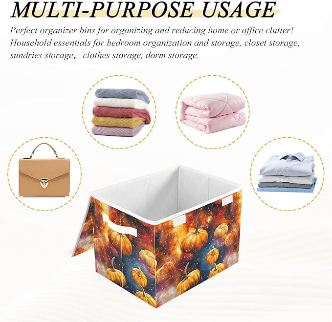 Storage Cube with Lid Space Pumpkin Print 16.5×12.6×11.8 IN Collapsible Large Capacity Foldable Storage Basket Bin Organizer