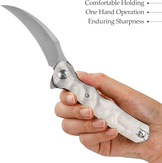 TRIVISA EDC Pocket Pikal Knife for Men Hawkbill Folding Flipper Knife with Clip3.34 14C28N Steel BladeAluminum Foil Handle for Outdoor Camping Lacerta-AL