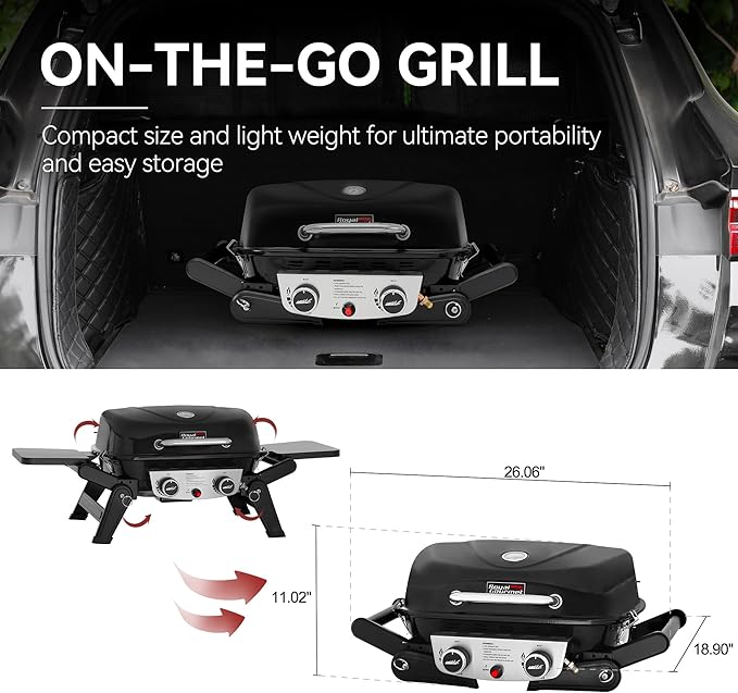 Royal Gourmet GT2005 2 Burner Portable Propane Gas Grill with Foldable Side Tables &amp Foldable Support Legs Tabletop Gas Grill with Warming Rack for Outdoor Cooking &amp Grilling Black