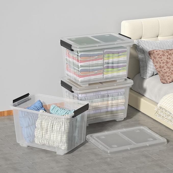 50 Quarts Plastic Storage Boxes Large Clear Bins with Lids and Wheels Set of 4