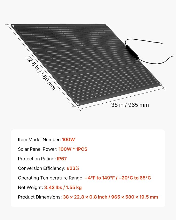 VEVOR Flexible Solar Panel 100W Semi-Flexible Bendable Monocrystalline Solar Panel 23% Efficiency Mono Off-Grid Charger with MC4 Output IP67 Waterproof for Marine RV Car Cabin Curved Surfaces