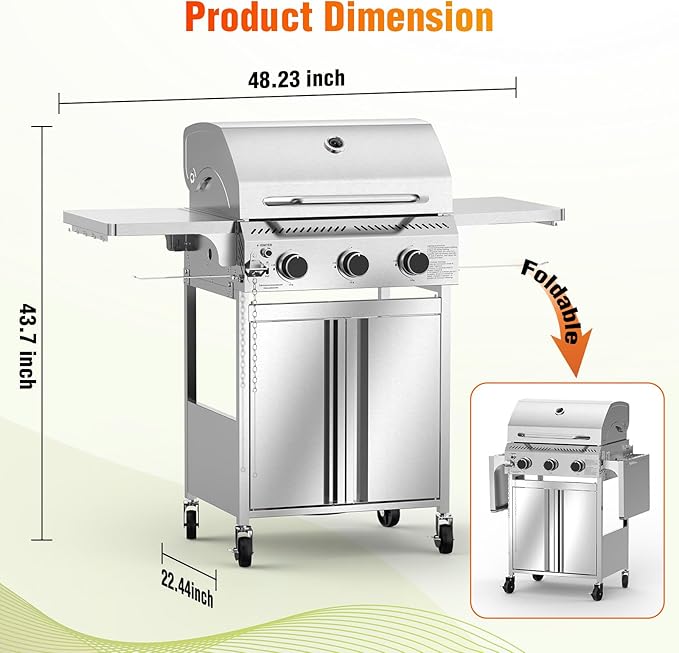 Electactic G31 Gas Grill 3-Burner Gas Grill with Folding Side TablesStainless Steel 24000 BTU BBQ GrillOutdoor Propane Grill for BarbecuePatioCamping