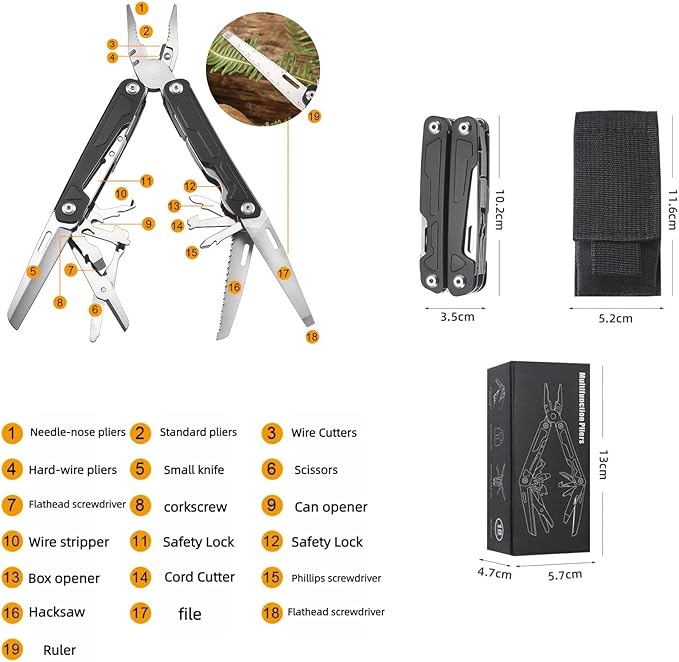 Multi Tool 19-in-1 Full-Size Lightweight EDC Multi-Purpose Pliers Camping Knives &amp Tools Nylon Bag Tactical Gear Mens Gifts Ideas Gifts for Hunters Men who have Everything (Black）