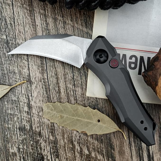 HUAAO Push Button Knife Spring Assisted Opening EDC Folding Pocket knives For Men2.08 inch 8Cr13Mov Hawkbill Bladegray aluminum handleWith Deep Carry Pocket Clip