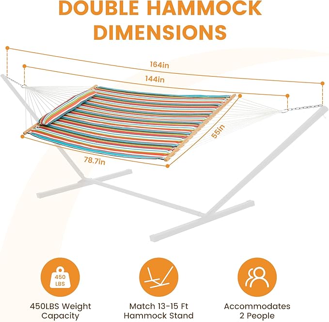 Lazy Daze Hammocks 12 FT Quilted Fabric Double Hammock with Spreader Bars and Detachable Pillow 450lbs Weight Capacity Bright Stripe