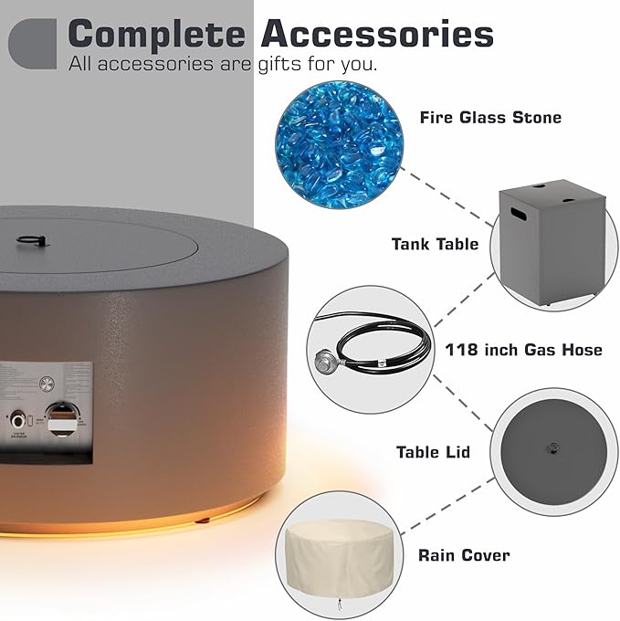 2-Piece 30 LED Round Propane Fire Pit for Outside Patio with Hidden Tank Table 50000 BTU Fireplaces with Lid Glass Rocks Cover(Dark Grey w/Golden Light)