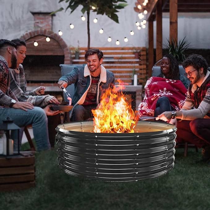 YSEJOMP 48 Inch Round Galvanized Fire Pit Ring/Fire Ring - Foldable and Perfect for Outdoor Gatherings and Campfires in The Yard/Garden/Park/Beach (Black+Gray 4 FT Diameter+1.5 FT Tall)