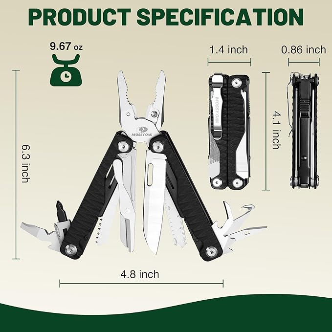 MOSSY OAK Multitool 17-in-1 EDC Multi Tool with CNC-Machined Steel Pliers G10 Anti-Slip Handle Nylon Sheath &amp Belt Clip – Durable MultiTool for Camping Hiking Hunting Survival and Everyday