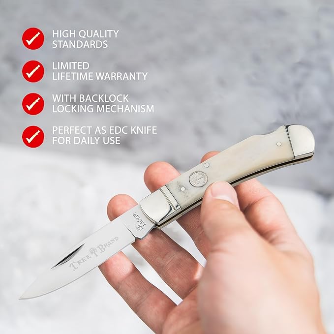 BOKER TREEBRAND – Lockback Smooth White – Medium Pocket Knife with One Super-Sharp D2 Blade &amp Nail Nick – Classic Gentleman Folder with White Bone Handle Scales &amp Backlock – Made in Germany