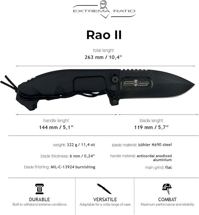Extrema Ratio - RAO II (Black) Folding Knife Böhler N690 Steel Blade Burnished Finish Secure Locking System Anticorodal Anodized Aluminum Handle Handcrafted in Italy Heavy-Duty and Reliable