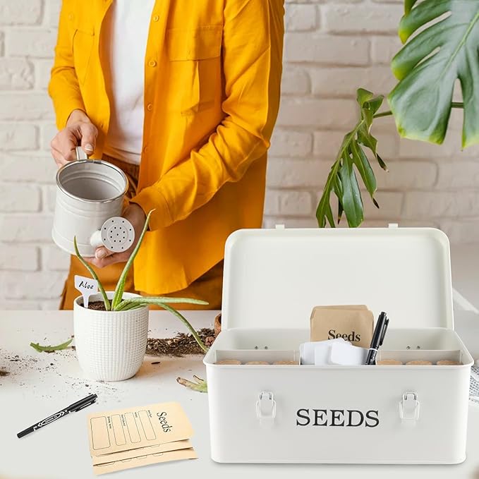 Seed Storage Organizer 4 Compartment Seed Storage Box with Safety Lock Metal Seed Box Seed Packet Container with 1 Pen 12 Slots 20 Plant Labels &amp 30 Seed Envelopes White Gardening Gift