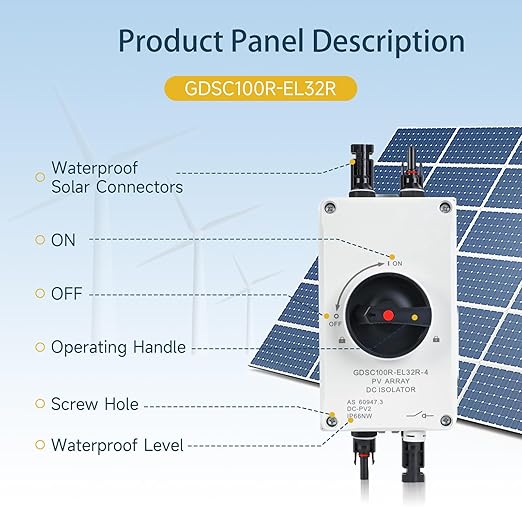 32A DC1200V Solar Disconnect Isolator SwitchSolar Panel Disconnect Switch with IP66 Waterproof Enclosure and Connector PV for Solar Power Off/On Grid Systems RV