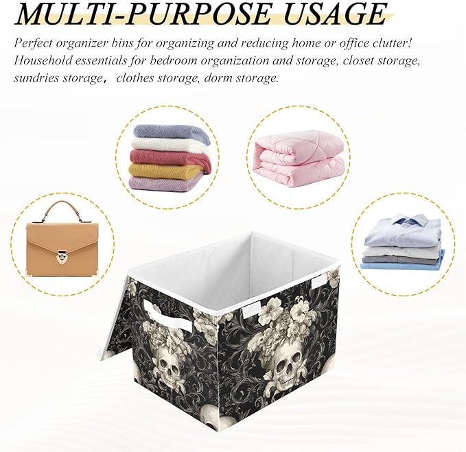 Storage Cube with Lid Retro Style Skulls Print 16.5×12.6×11.8 IN Collapsible Large Capacity Foldable Storage Basket Bin Organizer
