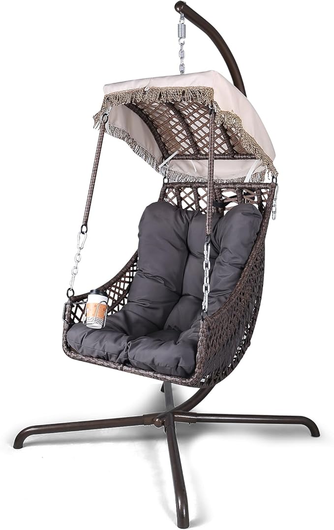 Swing Egg Chair with Stand Indoor Outdoor Wicker Rattan e 350lbs Capacity Hammock Chair for Patio Bedroom with Sunshade Cloth Courtyard Cushion and Pillow(Old W1132P169534)