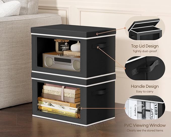 Homsorout Collapsible Storage Bins with Lids - Stackable Storage Containers with Window 6 Pack Fabric Organizing Bins for Closet Home &amp Office Organization Baskets Black 14.9 x 9.8 x 9.8