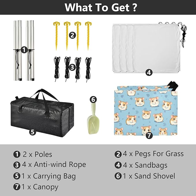 ALAZA Cute Cartoon Hamster Beach Tent Sun Shelter UPF50+ Protection Beach Shade Canopy w/ 4 Sandbags for Outdoor Camping Fishing Backyard Fun Picnic 10x9 ft