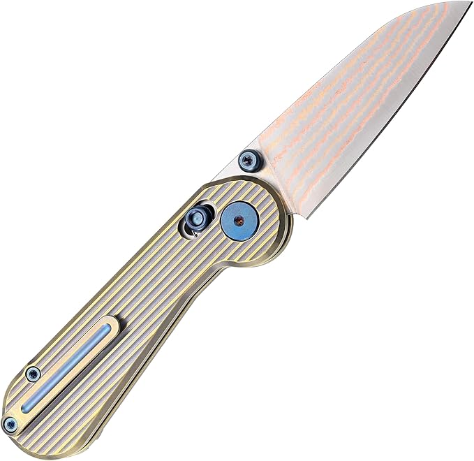 Hightron EdgePlay Premium Fidget Knife 2.64 Copper Damascus Blade and Titanium Handle Thumb Stud Opener and Axle Lock Pocket Knife with Pocket Clip For Men Women Camping Hiking Gold