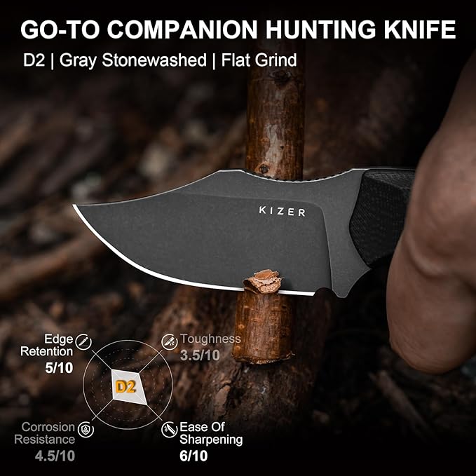 Kizer Beaver 2 Fixed Blade Knife 2.75 D2 Clip Point Blade EDC Hunting Knife with Black G10 Handle Outdoor Camping Survival Knives with Kydex Sheath Small Neck Knives for Men Women 1078A3