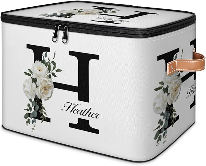 Custom Initials Floral Storage Bins with Lid Foldable Personalized Storage Basket Boxes with Handle Shelf Basket Closet Organizer Cube