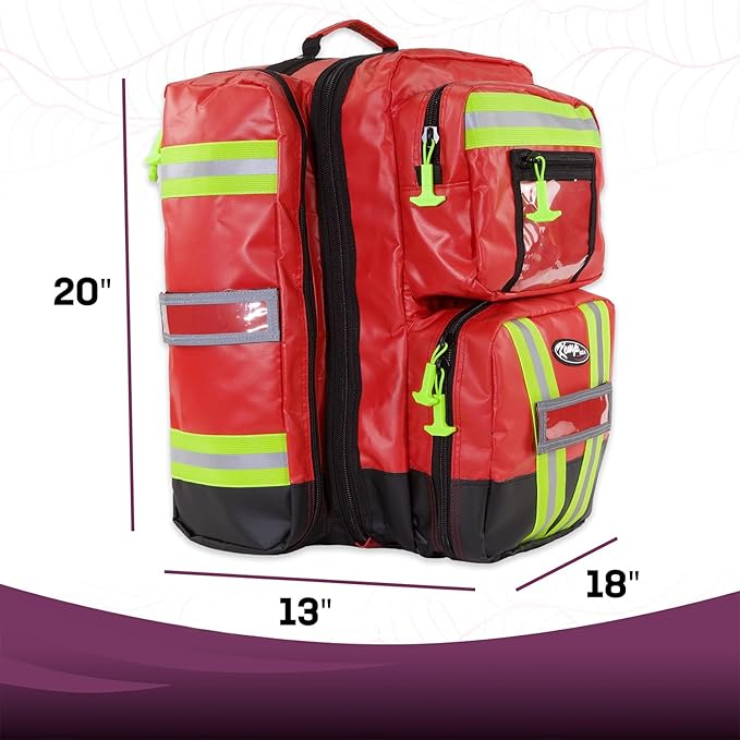 Kemp USA Heavy-Duty EMT Bag Made with Fluid-Resistant Tarpaulin Material - Emergency Survival Kit with Room for D O2 Tank - Medical Backpack with Multiple Handles (Tarpaulin Fabric Red)