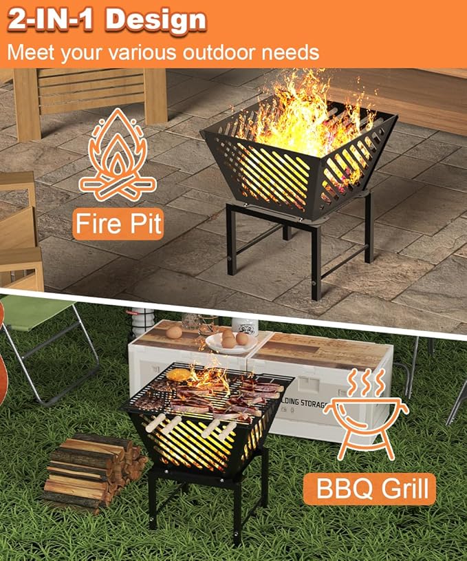 Mondazie Outdoor Fire Pit — 17 Inch Portable with Storage Bag for Camping Patio Heating Picnic and BBQ Trapezoid Diagonal Hollow Black