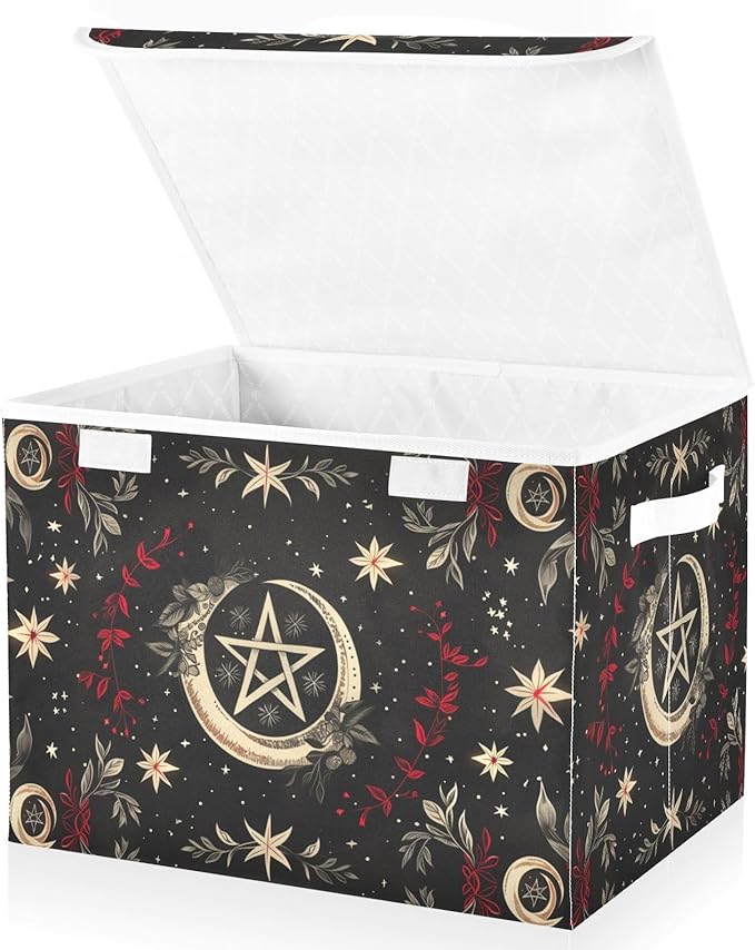 Pagan Wiccan Black Large Storage Bins with Linen Foldable Storage Box Fabric Closet Organizer Containers Cubes with Flip-Top Lid for Home Office 16.5” x 12.6” x 11.8”