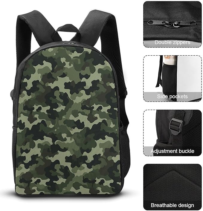 Printed Backpack With Lunch Pack Storage Box Case Green Military 3pcs Lightweight Travel Backpack