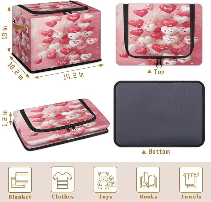 Valentine¡¯s Day Storage Bins with Zipper Lid Love Heart Balloons Fabric Lidded Storage Baskets Cubes with Handles Decorative Foldable Shelf Closet Organizer Container