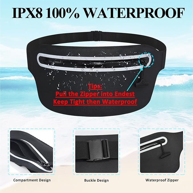 Large Waterproof Fanny Pack for Swimming Small Dry Bag Kayaking Boating Floating Snorkeling Beach Travel Water Proof Pouch Running Belt for Phone iPhone Women Men Kids Girls Black Waist Bag