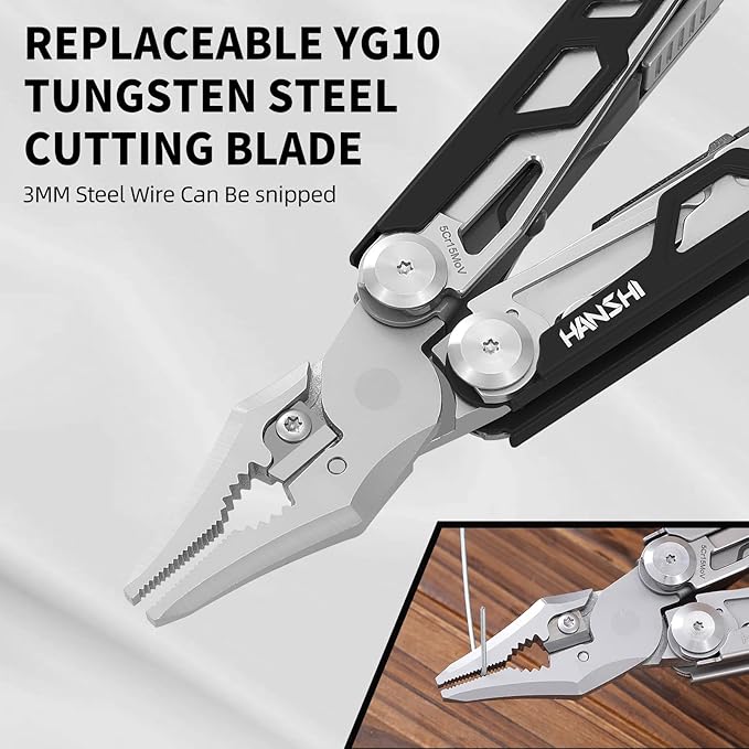 HANSHI Multitool Pliers 22-in-1 YG10 Tungsten Steel Multi Tool with ScissorsReplaceable Wire Cutters Flint Window Breaker Back ClipIdeal for Camping Survival and Gift(Black)
