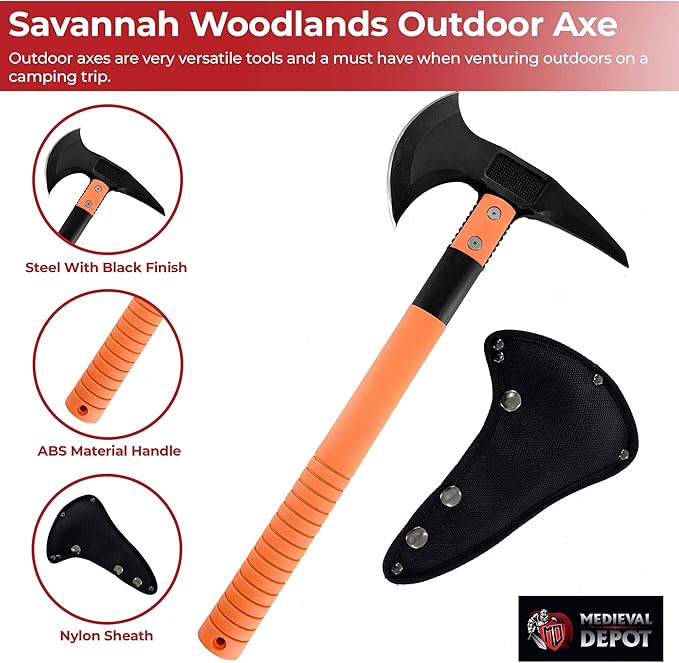 MedievalDepot Outdoor Camping Axe Collection – Removable Head Stainless Steel Blades with Nylon Sheath for Survival &amp Bushcraft (Orange)