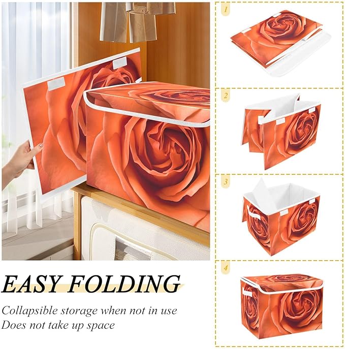 Close Red Floral Storage Cube with Lid Collapsible Flip-top locker Fabric Storage Bins Basket with Handle for Home Bedroom Closet Office 16.5×12.6×11.8 in