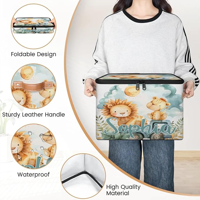 Custom Storage Basket with Name Personalized Storage Bins with Zipper Lid Foldable Fabric Storage Box Large capacity with Handle Lion Car