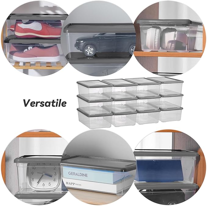 6 Quart Latching Storage BoxPlastic Clear Storage Bins With Lids Stackable (Grey 12 Pack)