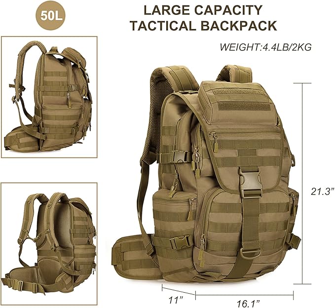 50L Military Tactical Backpack Molle Rucksack Large Army 3 Day Assault Pack Heavy Duty Backpack for Men (Brown)