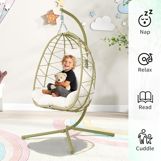 Hanging Egg Chair with Stand Outdoor Indoor Patio Rattan Swing Hammock Chairs with Washable Cushion PE Wicker Swing Chair for Backyard Bedroom Garden (Cyan + White Cushion No Footrest)