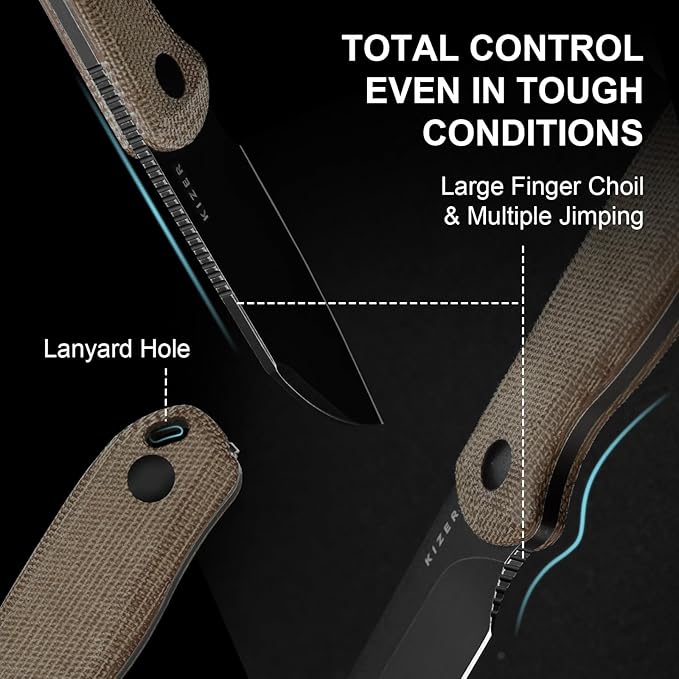 Kizer Drop Bear Fixed Blade Knife 2.56 AEB-L Blade EDC Camping Knife with Norplex UltreX™ Brown Micarta Handle &amp Built-in Tools Small Hunting Survival Knives with Adjustable Kydex Sheath 1093A
