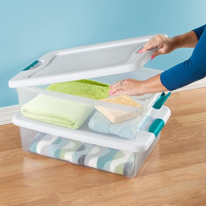 Sterilite Storage System Solution with 32 Quart Clear Stackable Storage Box Organization Containers with White Latching Lid 7 Pack