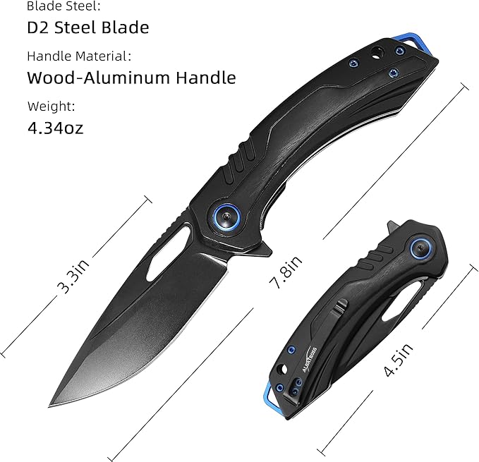 ALBATROSS Classic Valentine‘s Gift Men‘s Folding Knife 3.3” Black D2 Blade Black Aluminum &amp Wood Handle Ball Bearing Open Thumb Hole Gift Boxed