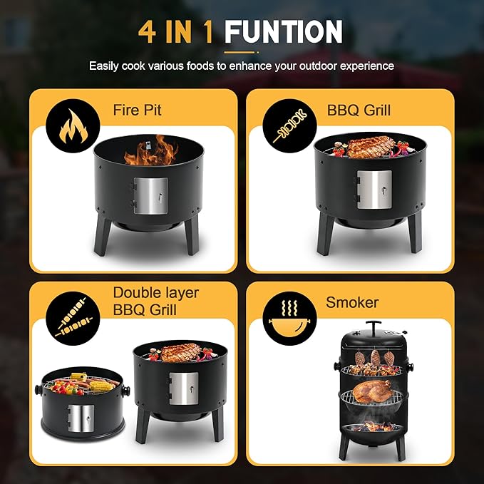 MASTER COOK 16 inch Charcoal Smoker Vertical BBQ Grill Heavy Duty 4 In 1 Fire Pit with built-in Thermometer &amp Adjustable Vent System for Backyard Patio Camping