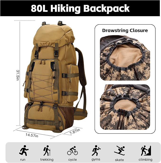 90L Camping Hiking BackpackMolle Military Tactical Rucksack BackpackWaterproof Lightweight Hiking Backpack (Khaki 90L)