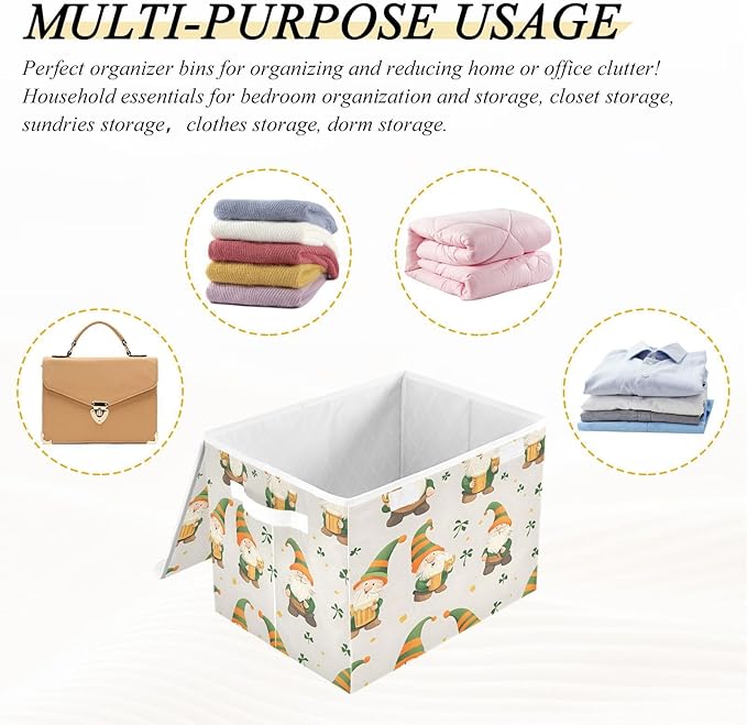 Christmas Storage Baskets with Lids St. Patrick's Day Cute Gnomes Collapsible Bins Stackable Fabric Linen Baskets Closet Organizer Container 16.5x12.6x11.8