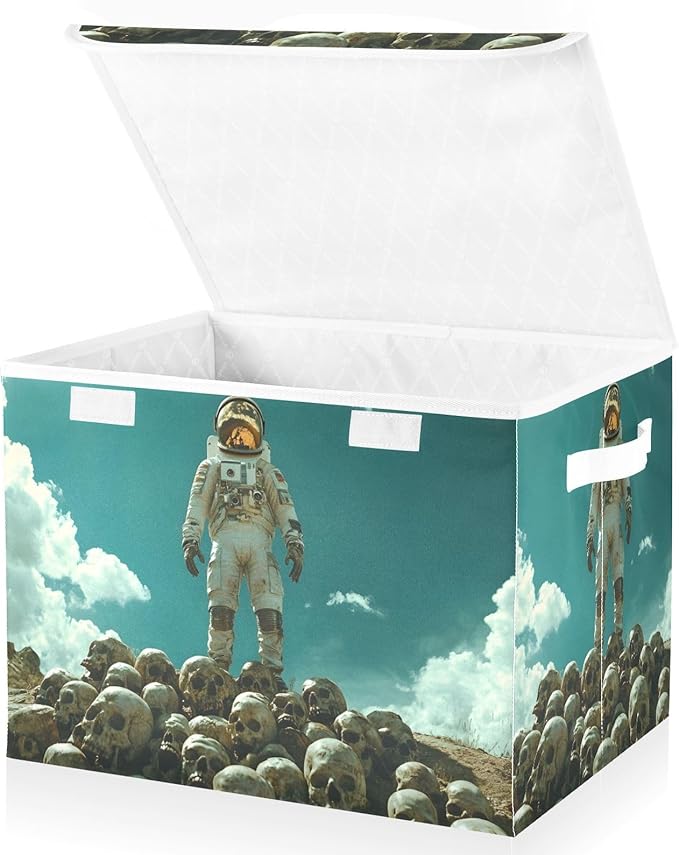 AIXIWAWA Lidded Storage Cube (Skulls Astronauts) Fabric Foldable Closet Bins with Flip Lid and Handles Organizer Basket Container 16.5 x 12.6 x 11.8 IN