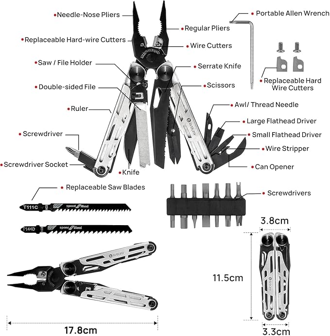 BIBURY Multitool Pliers Pro BI2045 Stainless Steel 31-in-1 Multi Tool Pliers with Replaceable Wire Cutters and SawFoldable Multitools with Scissors and Screwdriver Ideal for CampingSurvivalRepair