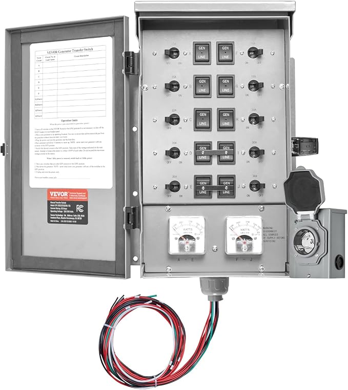 VEVOR Manual Transfer 50-Amp 10-Circuit Prewired Generator Transfer Kit with CS6375 Plug Power Inlet Box Double-Throw NEMA 3R Mechanical Watt Meter for 12500W Generators