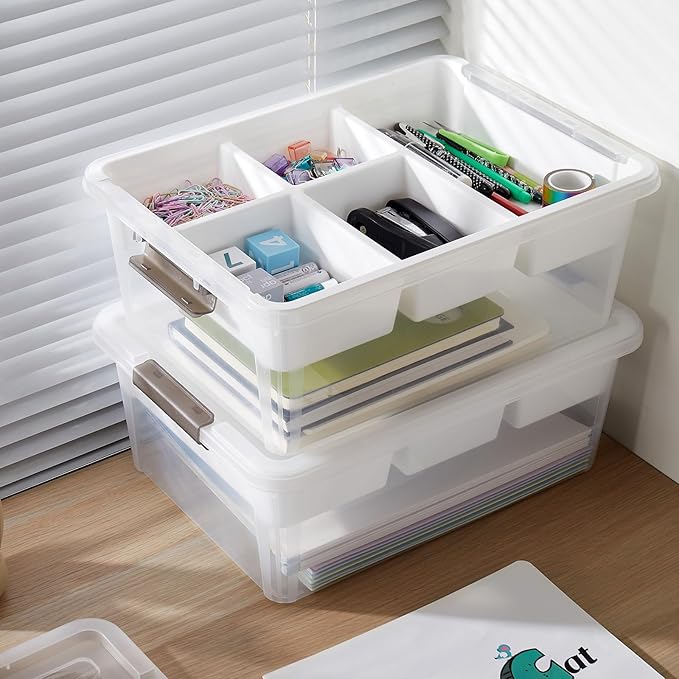 MACOPRO 17 QT Plastic Storage Box with Removable Tray Bins with Lids Clear Storage Container for Craft Supplies Beads Tools Sewing and Playdoh Organization (White 1Pack-17QT)
