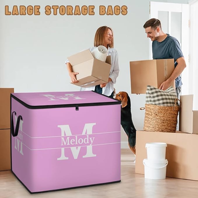 Personalized Name Large Storage Basket with Lid Pink Canvas Storage Bins Quilt Clothes Organizer with Initial Letter for Bedroom Kitchen Bathroom Nursery Shelves Closets