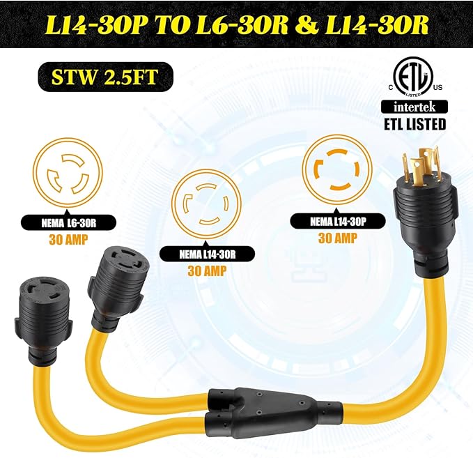 Kanayu L14-30p to L6-30r &amp L14-30r 30 Amp Generator Y Splitter Adapter Cord Compatible with NEMA Generator to Welder and House Inlet Box 8/2+10/2 STW Awg Etl Listed 2.5 ft